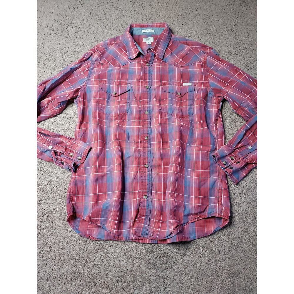 Women's Medium Lucky Brand Jeans Pink & Purple Plaid Button-Up Shirt Classic Fit